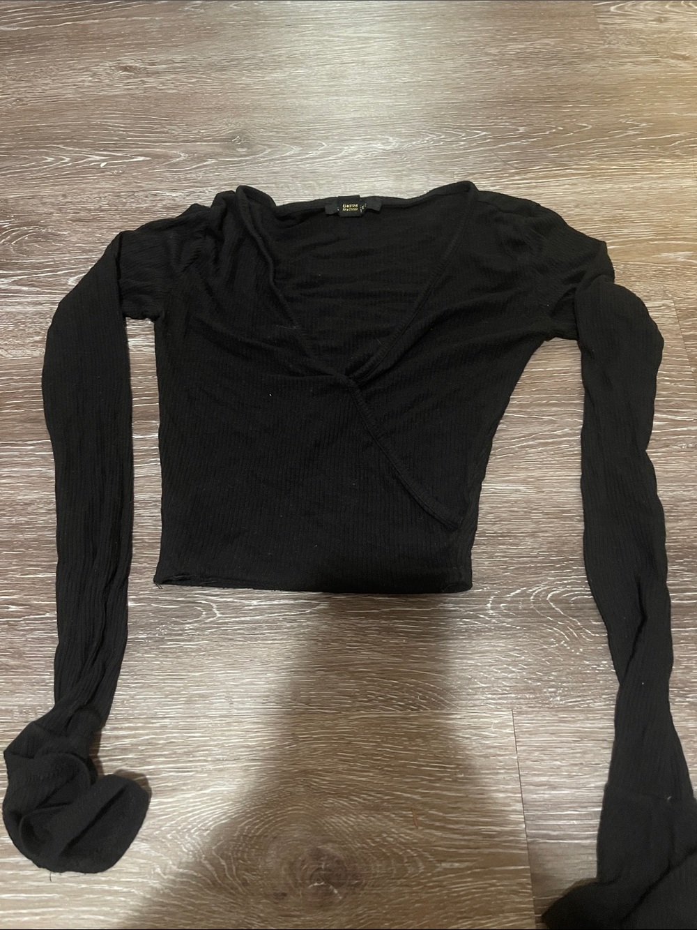 Revamped Black Rib-Knit Wrap Long Sleeve Top